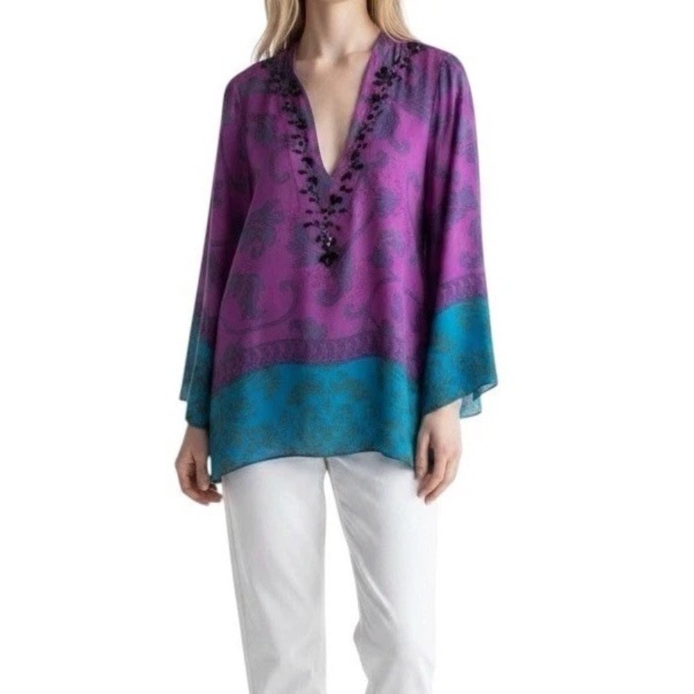 Hale Bob 100% Silk Tunic Blouse Womens M Purple Teal Embellished Bell Sleeve